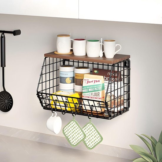 Lot De 2 Corbeilles En Métal Noir Avec Base En Bois - Panier Décoratif Pour Rangement Salon, Salle De Bain, Cuisine