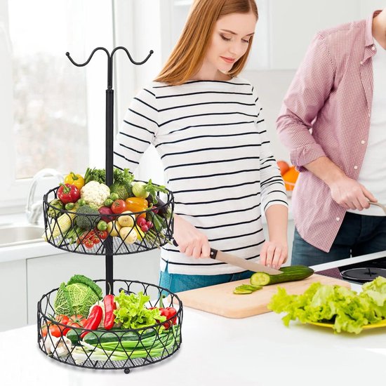 Zwarte Fruitmand Met 2 Etages - Grote Fruitetagère Voor Extra Ruimte Opbergrek Voor Verse Groenten En Fruit