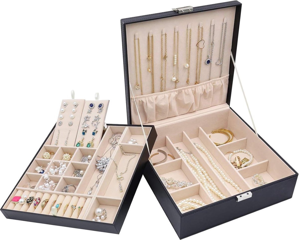 Sieradendoos Organizer voor Ketting Oorbellen Armbanden Ringen Accessoires Grote PU-lederen Opbergkoffer met Dubbele Laag Meisjes Dames -Zwart