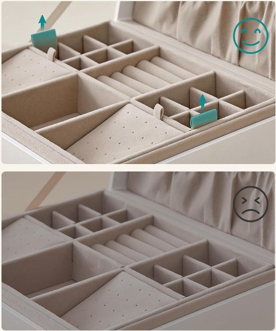 Vlando Sieradendoosje met 2 niveaus, grote sieradendoos voor dames en meisjes, afneembaar sieradendoosje voor ringen, oorbellen, halskettingen, cadeau voor vrouwen