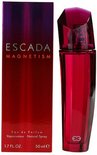 Doosje Escada Magnetism, Eau de Parfum, 50 ml, met glazen fles met roze vloeistof en paarse, facet geslepen dop.