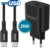 Ninix Snellader 25W - 1,5 m USB C Oplaadkabel - USB-IF gecertificeerd - Oplaadadapter - Geschikt voor Samsung Galaxy 24/23/22/21/21/10 - Oplader Samsung - Snellader Samsung/Google/iPhone 15 - iPhone 15 lader - Zwart