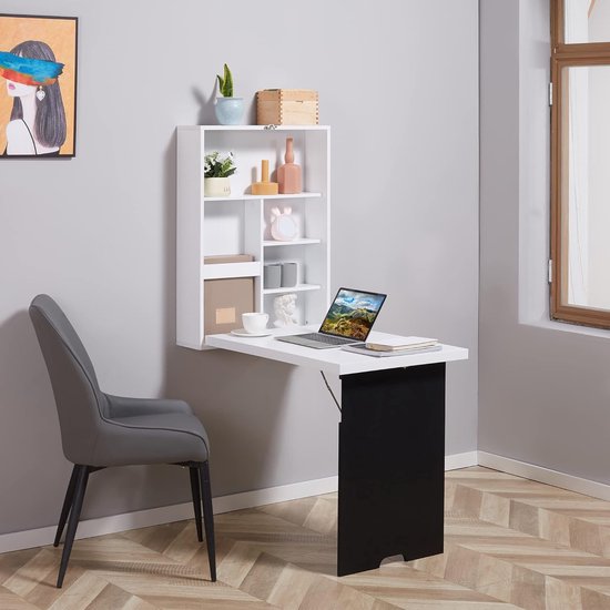 HOMCOM Wandtafel Wandklaptafel Bureau met opbergruimte Opvouwbare laptoptafel Computertafel Kantoortafel Eettafel Modern design spaanplaat natuurlijk hout 60 x 21,5 x 50 cm