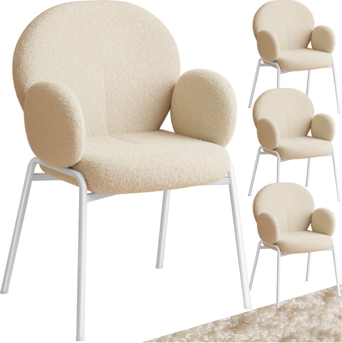Tectake Eetkamerstoelen met Armleuning - Set van 4 - Scandi Stoel - Eetkamerstoel - Stoelen voor Eetkamer en Eettafel - Keukenstoelen - Bekleding van Bouclé Teddystof - Klassiek - Crème Creme