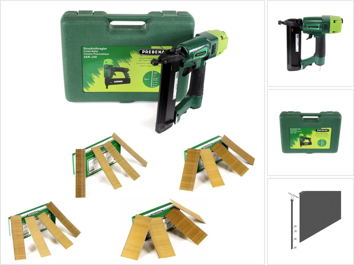 Prebena 2XR-J50 persluchtnagelmachine in transportkoffer + stompnagels Brads - 25 mm 5000 stuks + 30 mm 5000 stuks + 40 mm 5000 stuks + 50 mm 4000 stuks