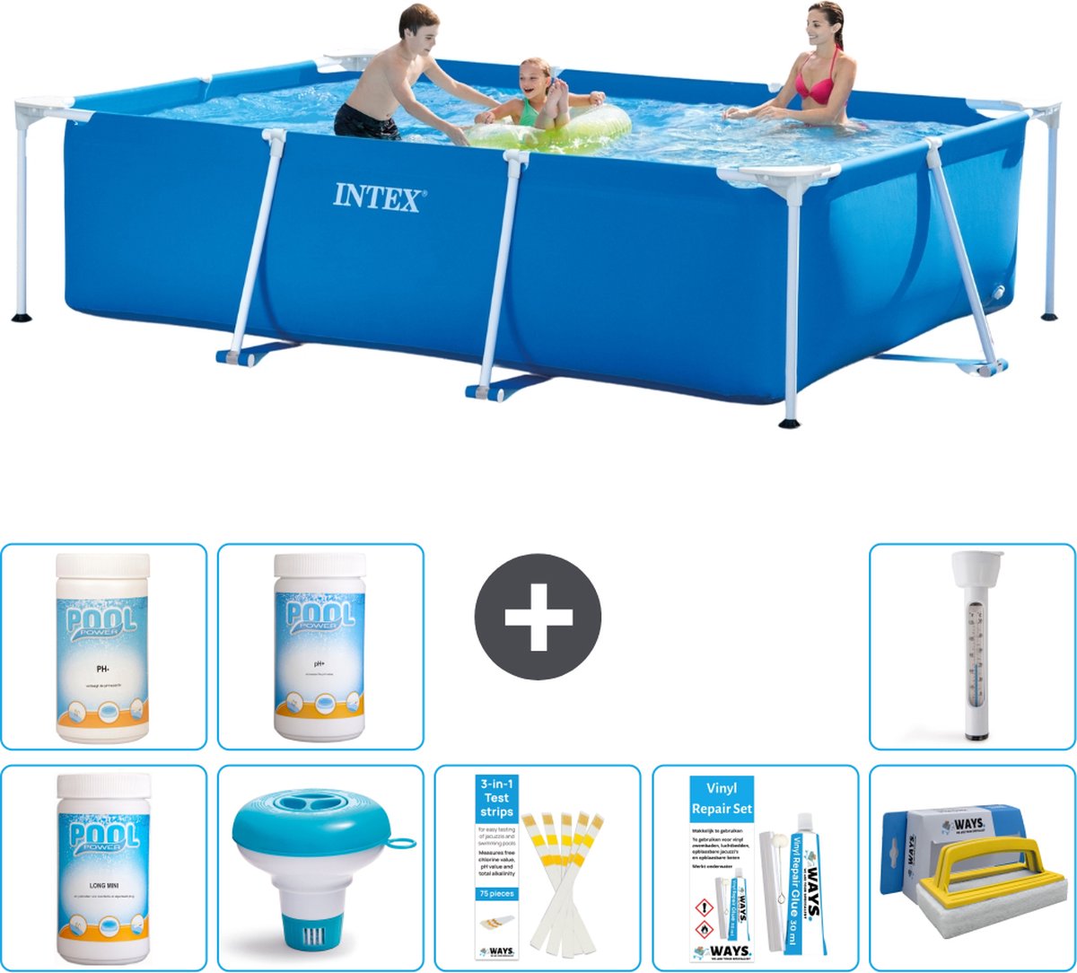 Intex Rechthoekig Frame Zwembad - 300 x 200 x 75 cm - Blauw - Inclusief Chloor - Chloordrijver - Testrips - Reparatiesetje - Scrubborstel - PH-waarde - PH-waarde - Thermometer