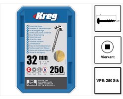 KREG Pocket-Hole panheadschroef 32 mm 250 st ( SML-C125-250 ) Vierkantaandrijving Gedeeltelijke draad Grove draad Zelftappend verzinkt