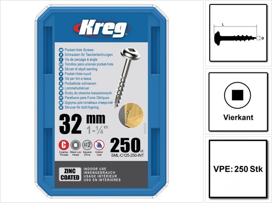 Vis à tête cylindrique KREG Pocket-Hole 32 mm 250 pcs ( SML-C125-250 ) Entraînement carré Filetage partiel Filetage grossier Autotaraudeuse galvanisée
