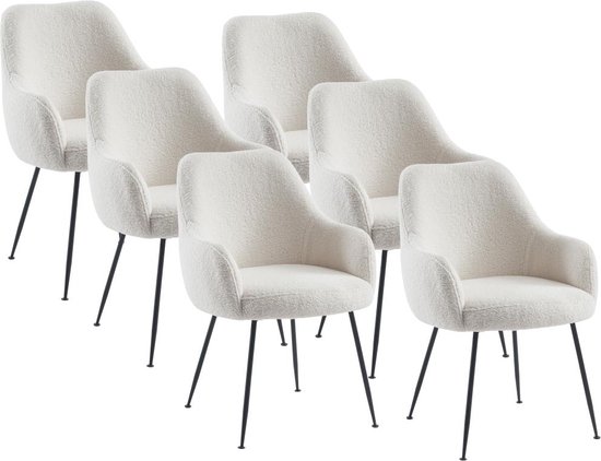 PASCAL MORABITO Set van 6 stoelen met armleuningen van boucléstof en metaal - Wit - TOYBA L 60 cm x H 81 cm x D 65.5 cm