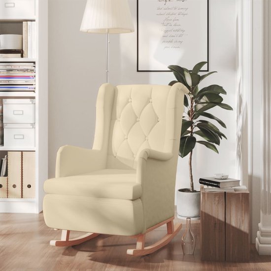 vidaXL Fauteuil met massief rubberwood schommelpoten stof crèmekleurig