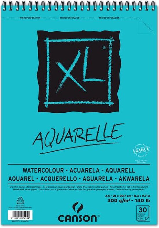 Canson XL A4 aquarelblok, 30 vellen, 300 g/m², met microperforatie.