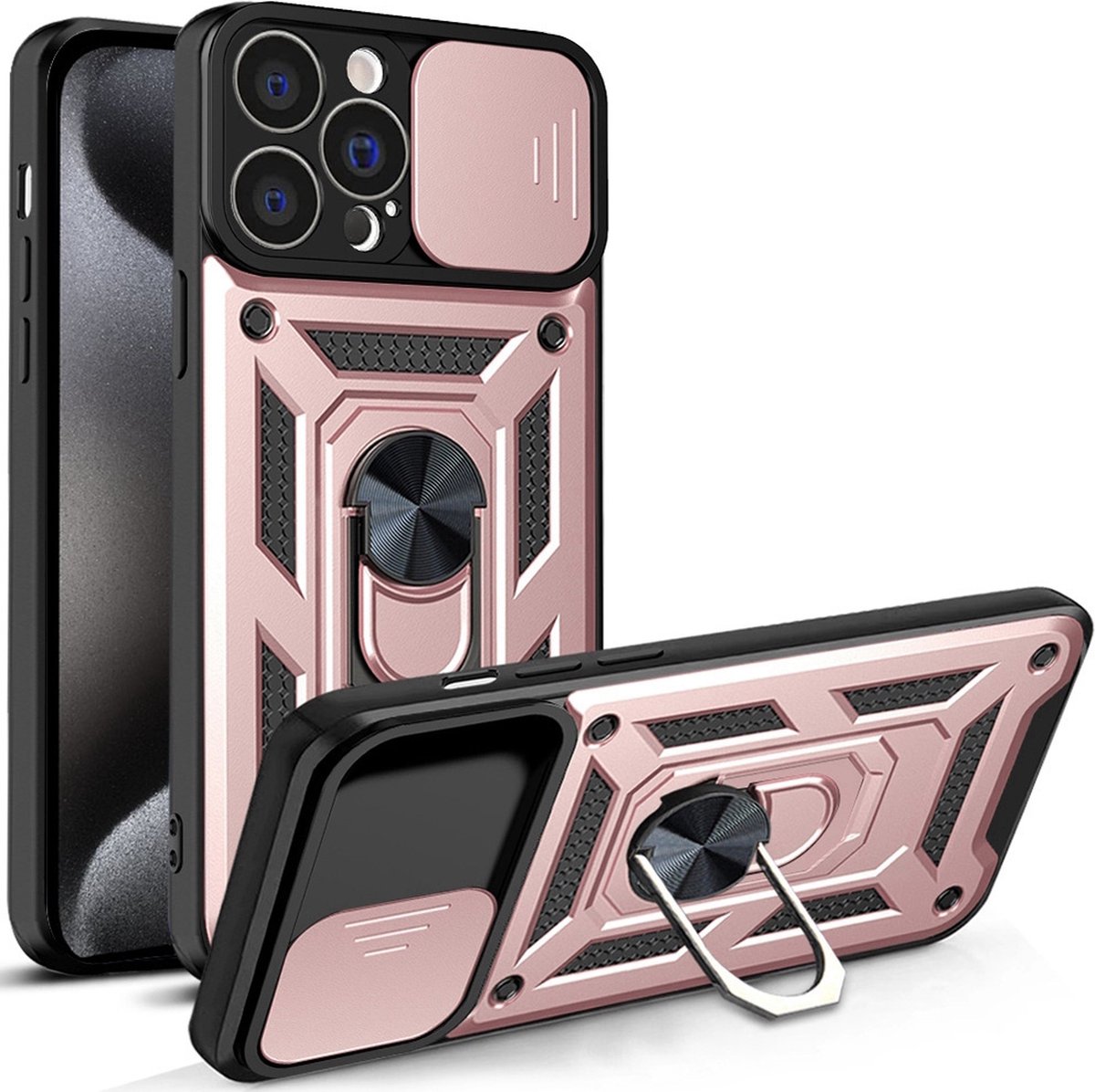 Hoesje geschikt voor iPhone 15 Pro met Ringhouder en Camera schuifje – Rosegoud