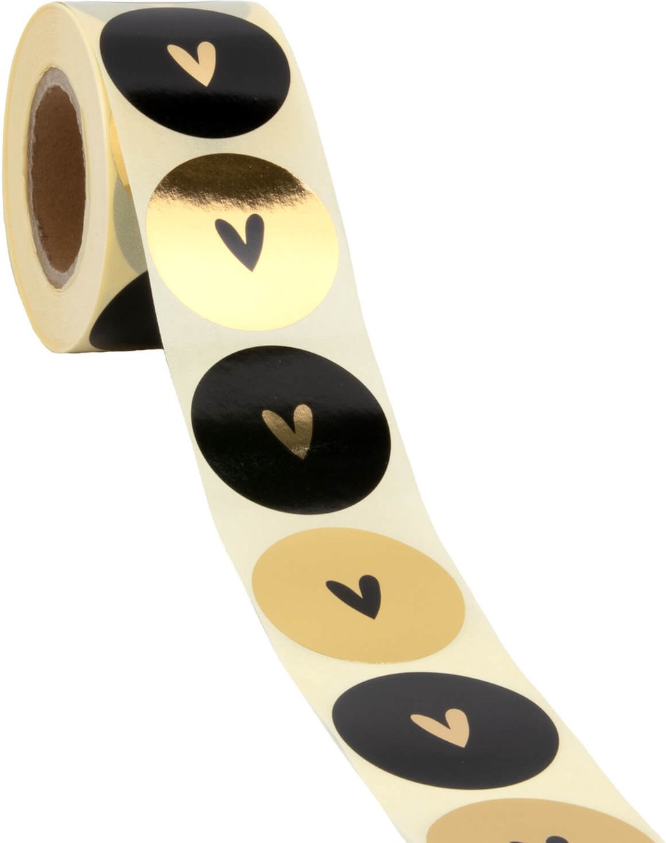 Cadeau stickers - 500 stuks - 'Hart' assorti Goud-Zwart 40mm - Stickers volwassenen - Sluitstickers - Sluitzegel - Ronde stickers op rol