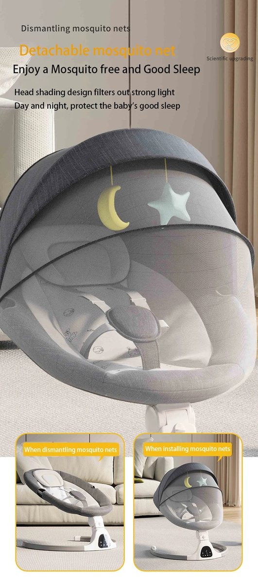 Eszenzics™ Elektrisch Wipstoel - Schommelstoel - Babyschommel - Babyswing - met Klamboe - Grijs van Eszenzics™ — afbeelding 4