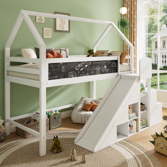 Lit Superposé 90x200 Cm Lit Enfant Multifonctionnel Avec Toboggan Escalier Casier Et Etagere En Bois Massif Blanc Sans Matelas 87118133