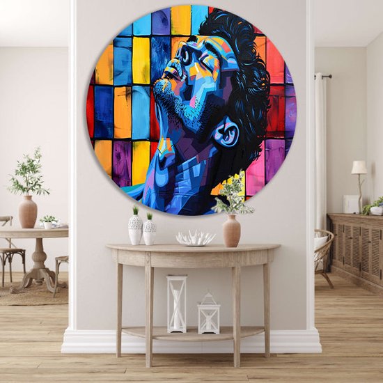 Man wandcirkel - Portret wandschalen - Wandschaal Vierkanten - Moderne schilderijen - Rond schilderij - Kunst muurcirkel forex 100x100 cm