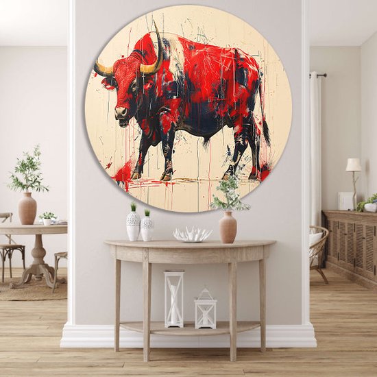 Tableau taureau rond - Plats muraux animaux - Cercles muraux Peinture - Décoration murale industrielle - Cercle mural - Décoration chambre cercle mural forex 100x100 cm