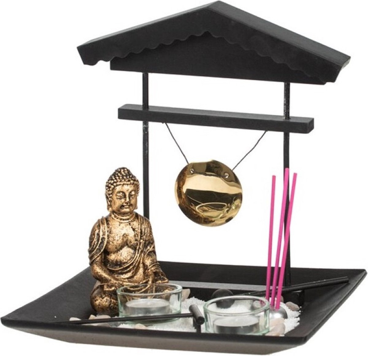 Boeddha zen tuin met waxinelichthouders - voor binnen - goud - 24 x 26 cm