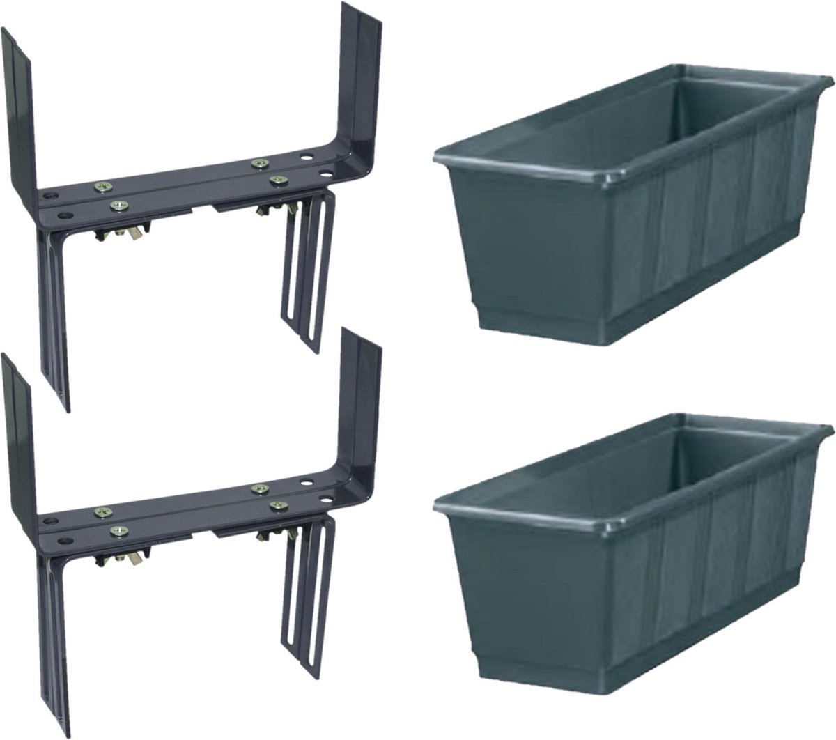 Set van 3 kunststof plantenbak antraciet grijs rechthoekig 40 cm met 6 verstelbare balkon/muurbeugels