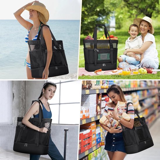 Tibroni Mesh Strandtas voor dames, extra grote strandtassen, zwembadtas, strandschoudertas, voor strand, winkelen, vakantie en reizen, Ritssluiting aan de bovenkant, 36x18x36 cm, tote