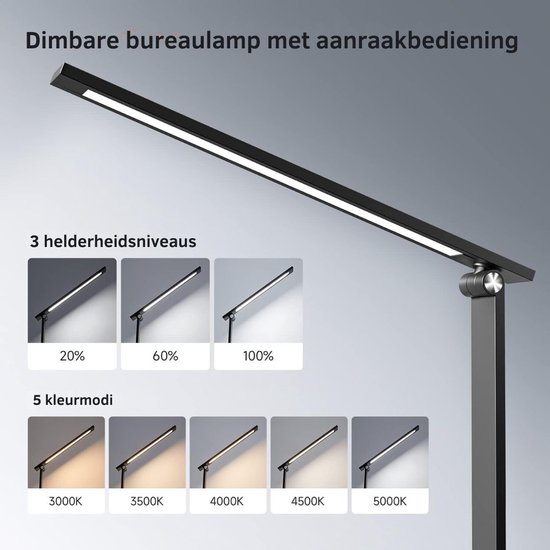 Bureaulamp led dimbaar daglicht - USB oplaadbaar - 15 kleurenfuncties - Daglichtlamp - Touchscreen - Lichttherapielamp - Hobby lamp voor schilderen, puzzelen – UV-Vrij - Tafellamp/lamp staand - Zwart — afbeelding 4