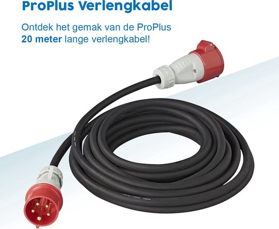 Gerold zwart verlengsnoer met rode en witte 400V CEE 5-polige stekker en koppeling.