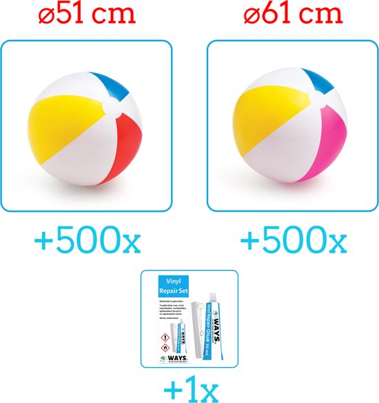 Intex Opblaasbare Strandballen - Strandbal Voordeelverpakking - 2 x 500 stuks - Strandbal Jumbo - Diameter 51 en 61 cm - Ideal voor Festivals - Inclusief handig Reparatiesetje