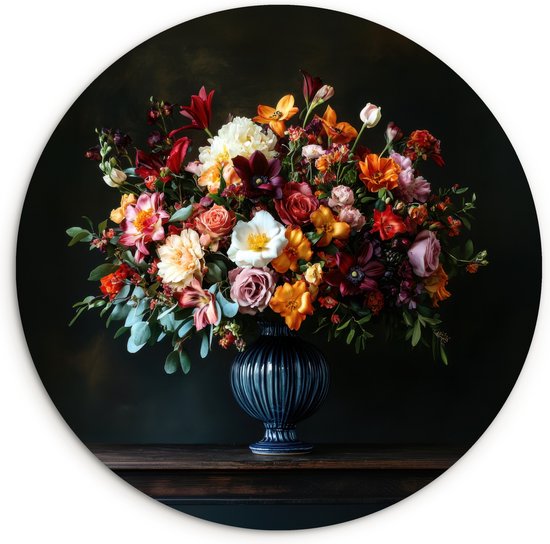 WallCircle® Wandcirkel 140x140 cm - Muurcirkel Groot - Bloemen - Vaas - Boeket - Muurdecoratie woonkamer - Wanddecoratie slaapkamer - Kamer decoratie accessoires - Ronde schilderijen