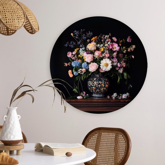 WallCircle® Cercle mural 60x60 cm - Cercle mural Vase à fleurs - Bois - Fleurs - Bouquet - Décoration murale murale salon - Décoration murale chambre - Accessoires de décoration de chambre - Tableaux ronds