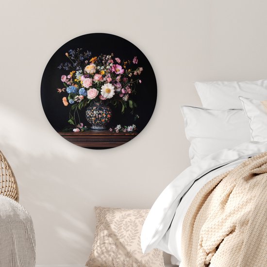 WallCircle® Cercle mural 60x60 cm - Cercle mural Vase à fleurs - Bois - Fleurs - Bouquet - Décoration murale murale salon - Décoration murale chambre - Accessoires de décoration de chambre - Tableaux ronds