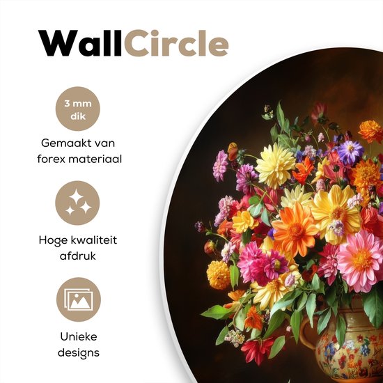 WallCircle® Wandcirkel 60x60 cm - Muurcirkel Kleuren - Boeket - Vaas - Hout - Muurdecoratie woonkamer - Wanddecoratie slaapkamer - Kamer decoratie accessoires - Ronde schilderijen