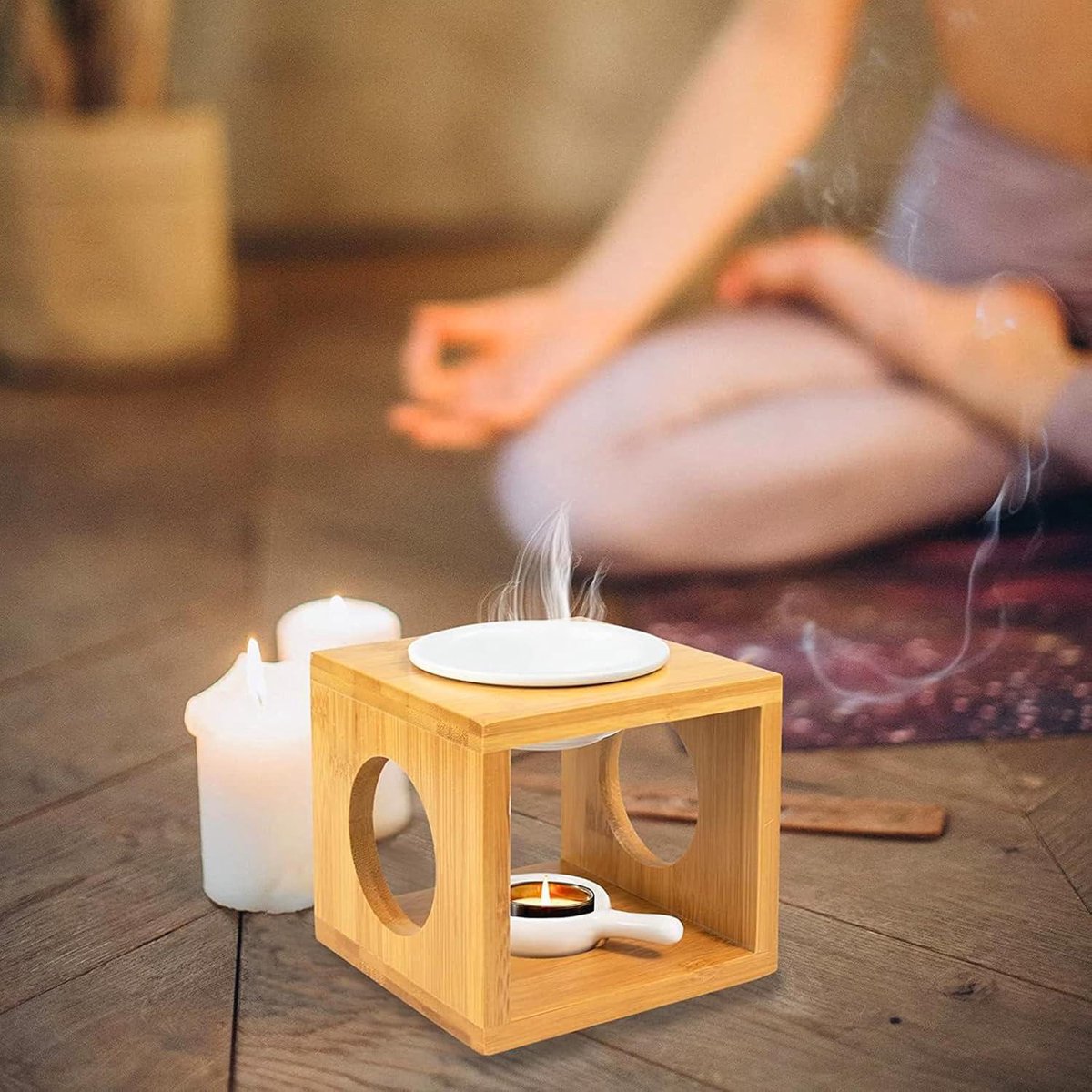 Nevolis Wax Melt Burner Essential Oil Burner Scented Wax Warmer Tealight Candle Holder Bamboo Ceramic - 12 * 12 * 11.5cm / 5 * 5 * 4.5 inch .