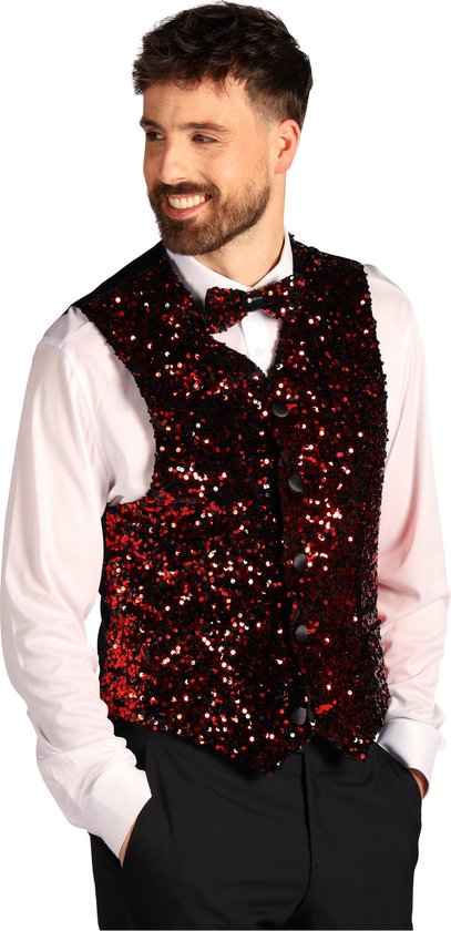 Paillettenvest - Rood-Zwart - Heren - Glitter en Glamour - Maat XXL