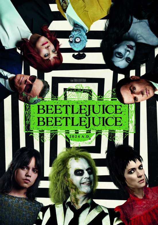 Filmaffiche met de cast van Beetlejuice Beetlejuice, inclusief Michael Keaton als Beetlejuice.