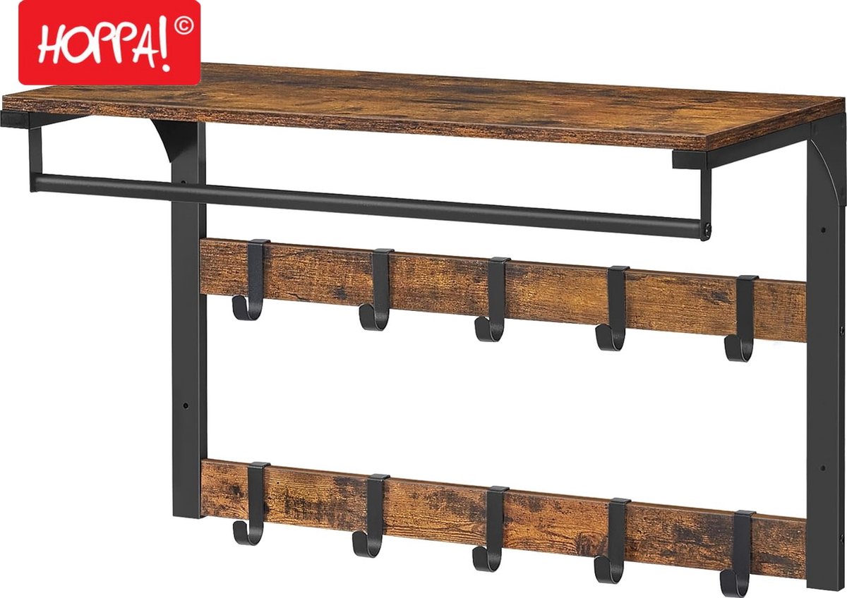 Hoppa! Wandkapstok met plank - Industriële stijl - Hout - Zwart - 30 x 65 x 42 cm (BxHxD)