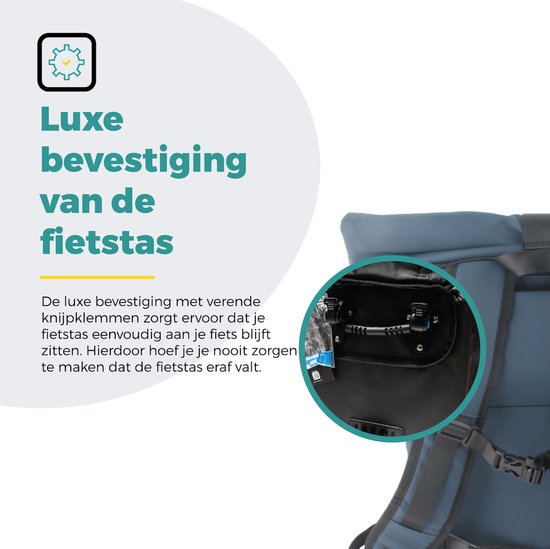Luxe bevestiging van de fietsstas met verende knijpklemmen.