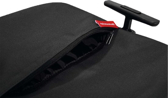 Detail van de ritssluiting op de zwarte boodschappentrolley met rode 'reisenthel' label.