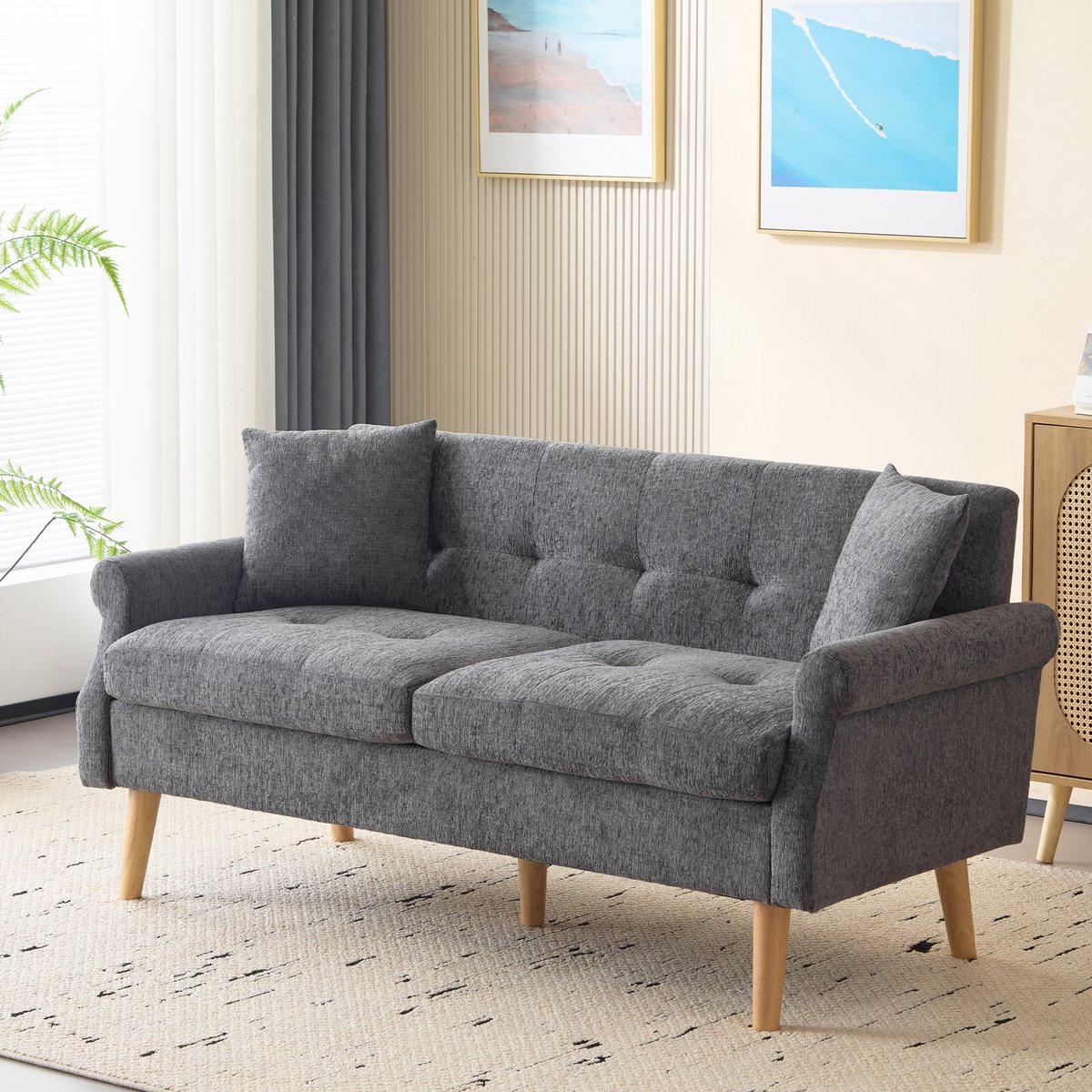 Gutent Sofa, Modern Ontwerp, Chenille stof, dubbele bank met dikke kussens, Grijs