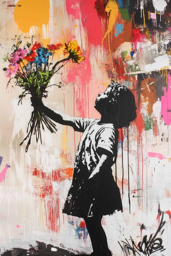 Graffiti Poster | Banksy Geïnspireerd Poster | Meisje Poster | Bloemen Poster | Street Art Poster | Kunst Poster | Moderne Poster | Iconisch Poster | 60x90cm | Wanddecoratie | Muurposter | 4619PVD | Geschikt om in te lijsten