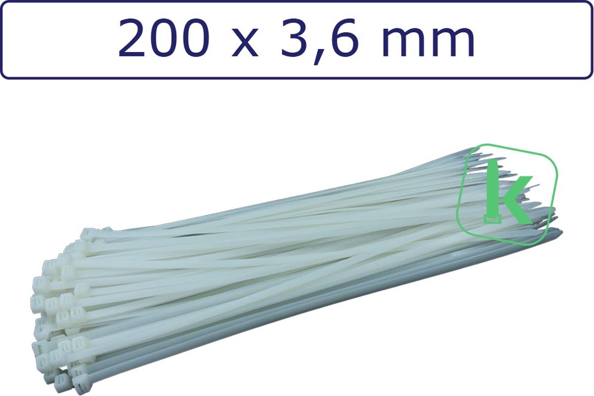 PRO-TIE® - Tyraps, kabelbinders 200 x 3,6 mm Wit naturel (Bulk grootverpakking zak 1.000 stuks) (tiewrap/tyrap/tie-wrap/bundelbandje/colsonbandje/)