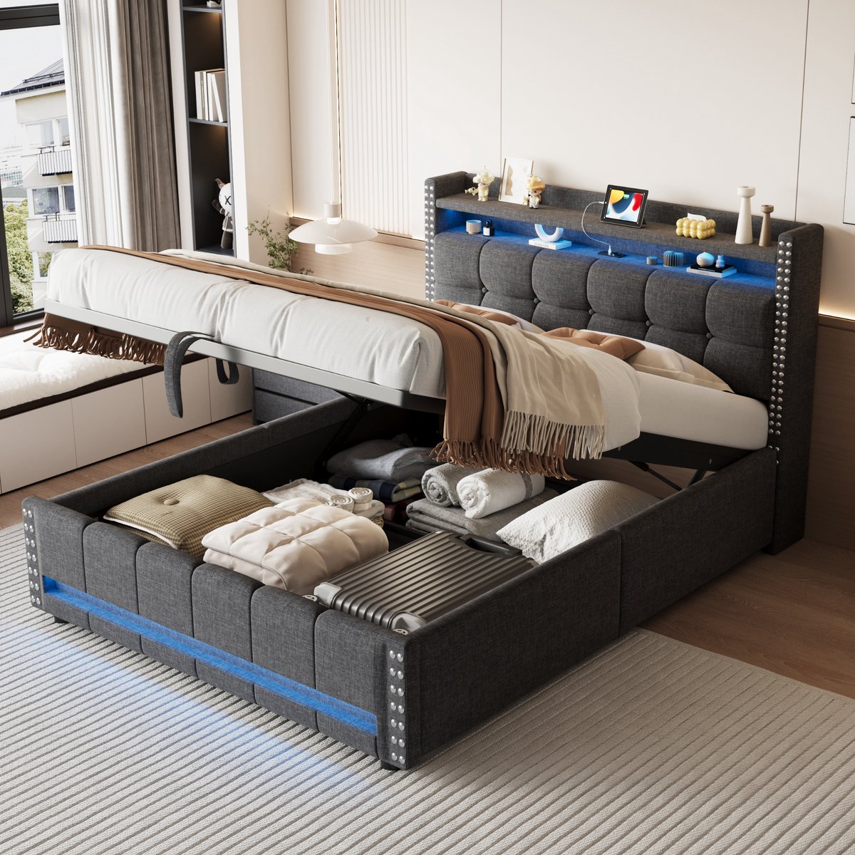 Gutent Gestoffeerd bed, 140*200 cm, met LED-verlichting en USB-aansluiting, met opbergruimte, Grijs, linnen stof (zonder matras)