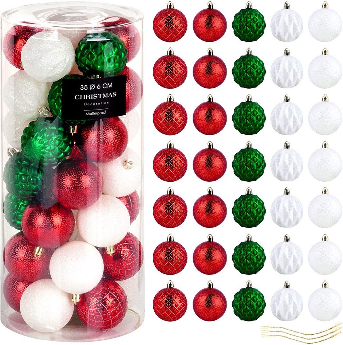 Kerstballen Set Onbreekbaar Rood Groen Wit 6 cm 35 stuks - Kerstdecoratie