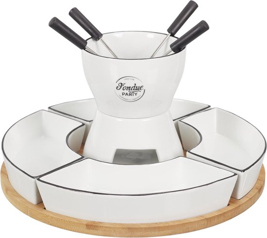 Fondue Set voor 4 Personen – Bamboe en Porselein – Inclusief Schalen en Vorkjes – 30 x 30 x 19 cm