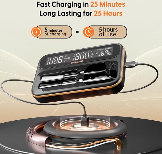 Een zwarte thermometer met gouden accenten wordt draadloos opgeladen. Er staat 'Fast Charging in 25 Minutes'.
