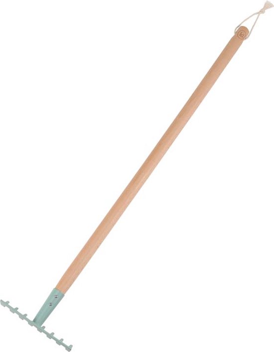 Houten hark met mintgroen metalen blad en 6 tanden. Bevestigd aan een leren lus.