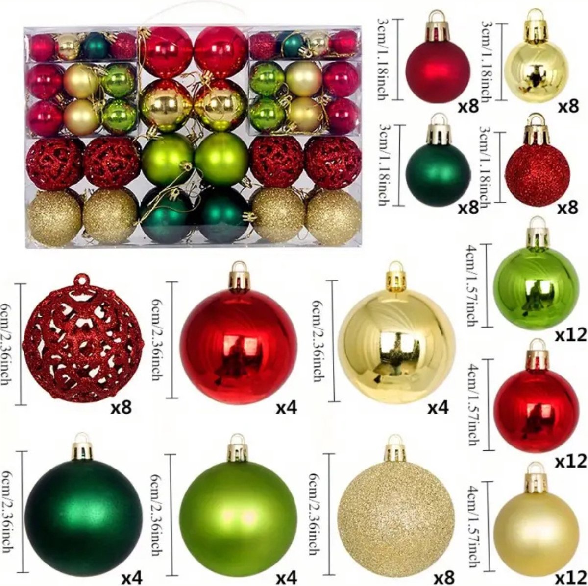 Kerstballenset van 100 stuks in goud, rood en groen plastic.