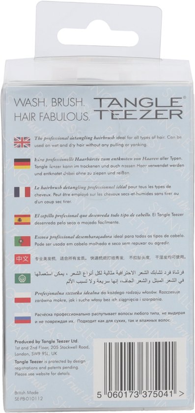 Achterkant van Tangle Teezer verpakking met meertalige productinformatie en vlaggen.