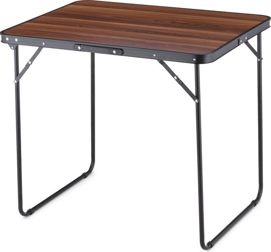 Een open houten klaptafel met zwarte metalen poten.