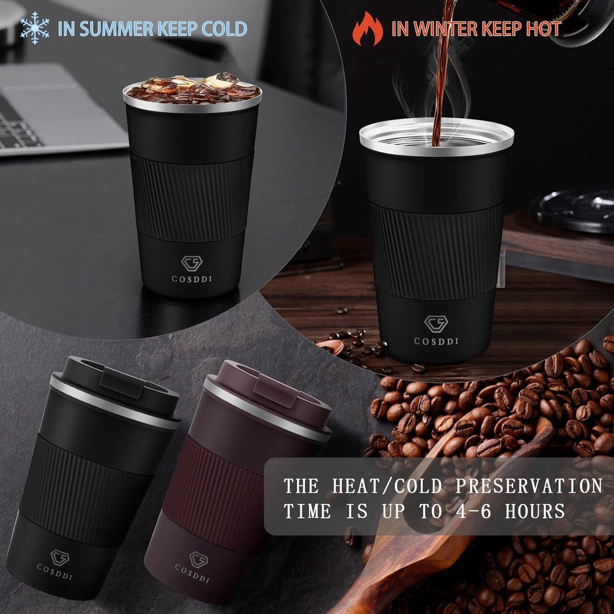 Geïsoleerde thermische reisbeker voor onderweg - herbruikbare koffiebeker voor auto - roestvrijstalen beker voor koffie water thee - 380 ml (zwart-A) — cadeau in Koken & Dineren - foto 2