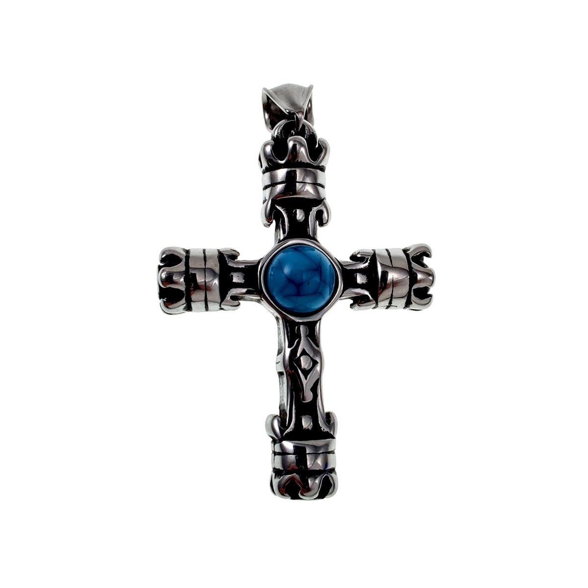 44 mm x 22 mm Kruishanger Heren - Gepolijst RVS - Koninklijk Kruis met Turquoise Steen